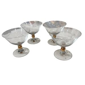 Vintage Lot of 4 MCM Glass Champagne Coupes with Gold Ball on Stem 5 inches wide